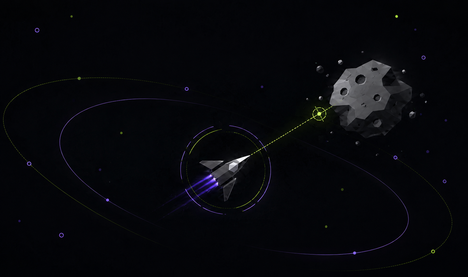 A low-poly spaceship targeting a cratered asteroid in dark space